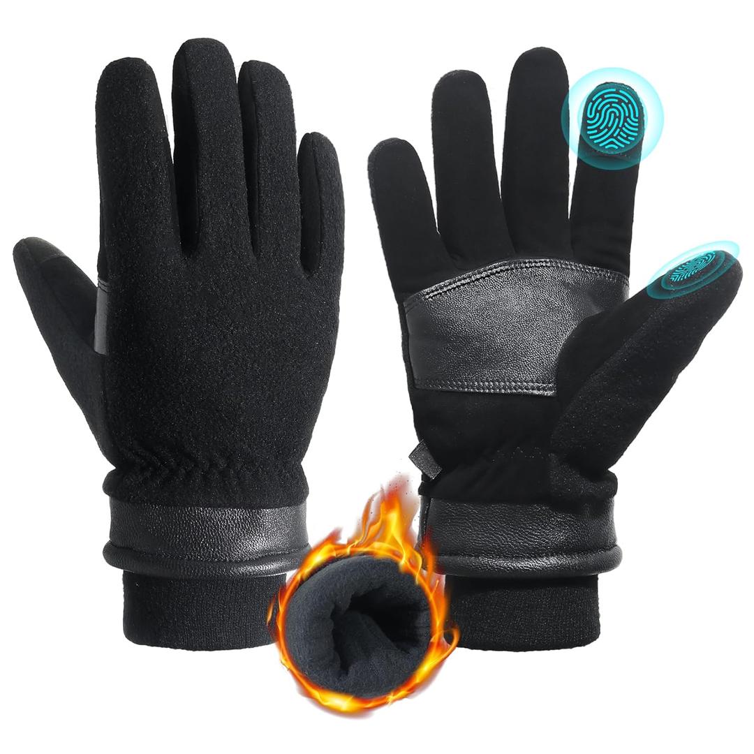 HANDLANDY Winter Gloves for Men Women, Thermal Gloves for Cold Weather Driving Cycling Ski Outdoor, Insulated Leather Work Gloves (Large, Black)