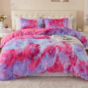 EMME Luxury Fuzzy Duvet Cover Set King Size Fluffy Comforter Cover Set for King Bed 2 Pieces Shaggy and Plush Soft Bedding Duvet Covers (Rainbow Pink Purple, King)