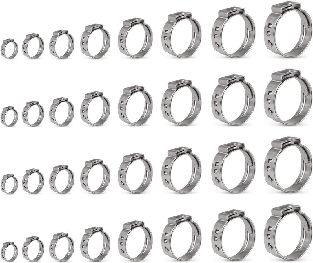Single Ear Clamps Assortment Kit, StepLess Clamps, Pex Pinch Ring Clamp for Securing Pipe Hoses and Automotive Use 304 Stainless Steel 3/8"-1" (7.8mm-25.6mm) 120Pcs/8Sizes