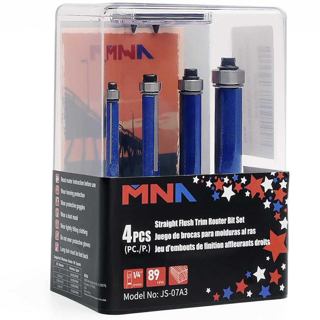 MNA Top Bearing Flush Trimming Router Bits Set of 4, Straight Flush Trimming Router Bits Set. 1/4" Shank. Cut to Heights of 1/4", 5/16", 3/8", 1/2". Ideal for Trimming Shelf Edges etc. (Send Bearing)
