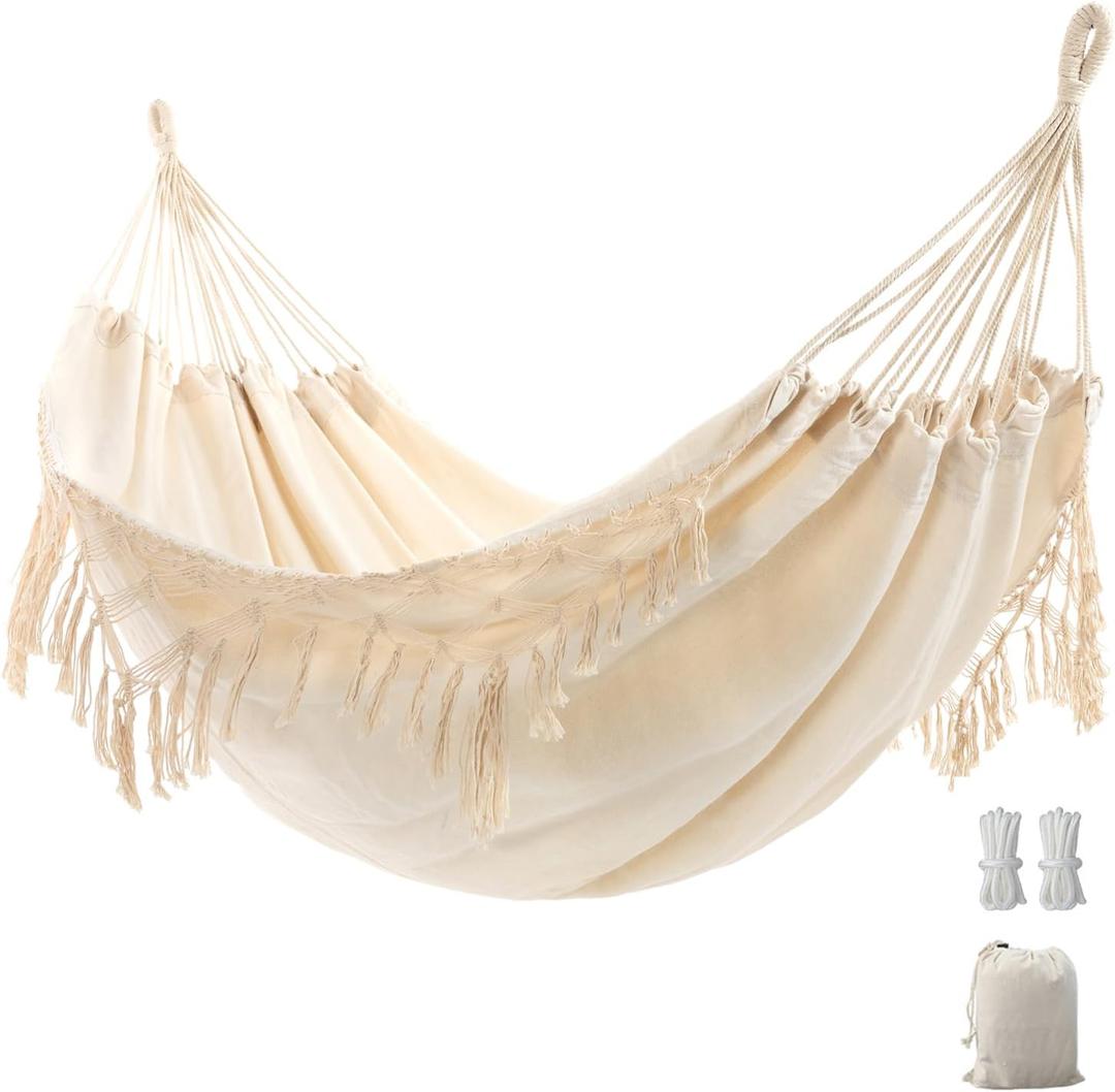 Double Boho Macrame Hammock with Elegant Tassels for Patio, Yard, Beach Wedding Decor, Outdoor and Indoor Up to 450lbs Include Tie Ropes and Drawstring Bag (Beige)