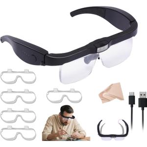 Professional Magnifying Glasses Headset with 5 Detachable Lenses 0.75X-4.0X & 3 LED Lights, Rechargeable Hands-Free Headband Magnifier for Close Work, Jewelry Crafts Hobby (Black)