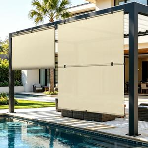 Roller Shades 8'W x 6'H Patio Cordless Blackout Roll Up Shades, Exterior Foldable Roller Blinds UV Block Shade Cloth Roll for Outdoor Indoor Windows Gazebo Porch Pergola Balcony, Beige, 96"W x 72"H