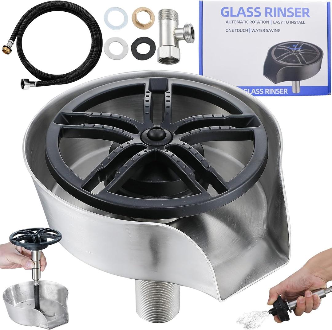 Glass Rinser and Cup Washer for Sink, 360 Rotating Spray Nozzle with Pull-Out Design, Bottle Cleaner - Tilted Base Prevents Splashing, Kitchen Sink Accessories for Home & Bar (Easy Install-Silver)