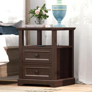 24" Tall End Table with Charging Station, Double 18W Fast Charge End Table, Large 18 Bedside Table with Drawers,Rustic Wood Storage Cabinet with Open Shelf for Bedroom,Cherry