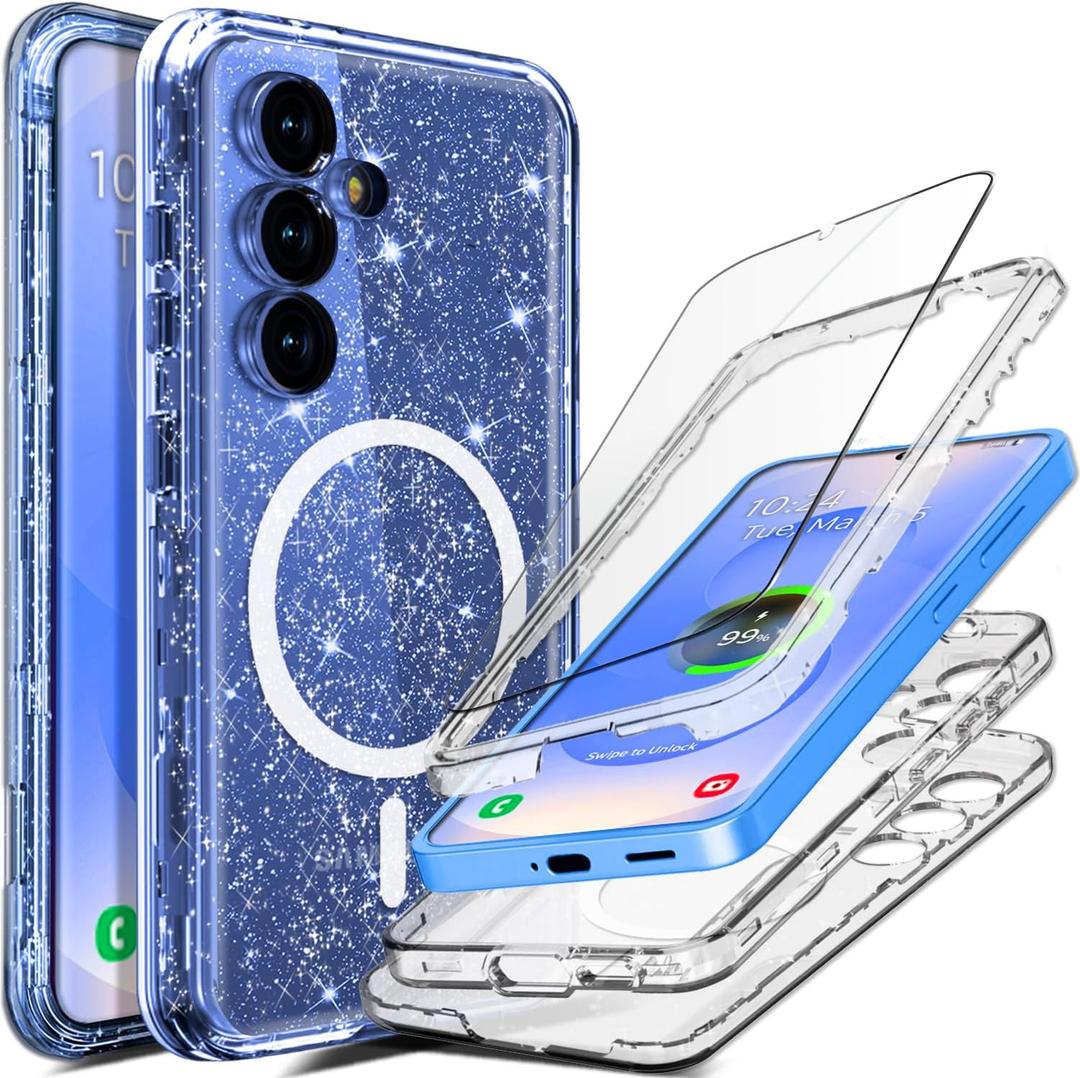 Coolwee Full Protective for Galaxy S25 Plus Heavy Duty, Compatible with MagSafe, Hybrid 3 in 1 Rugged Shockproof Women Girls for Samsung Galaxy S25 Plus 6.7 inch Shiny Clear Glitter Bling Sparkle