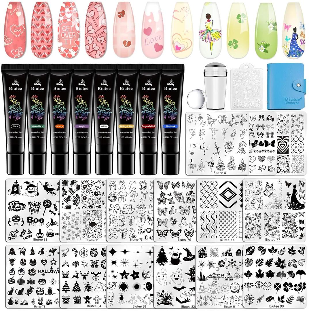 Biutee Nail Stamping Kit 15Pcs Nail Art Stamping Plate Set 8 Colors Nail Stamping Gel Polish, Nail Stamper and Scraper with Storage Bag, Nail Stamper Kit Flower Leaves Star Template Design