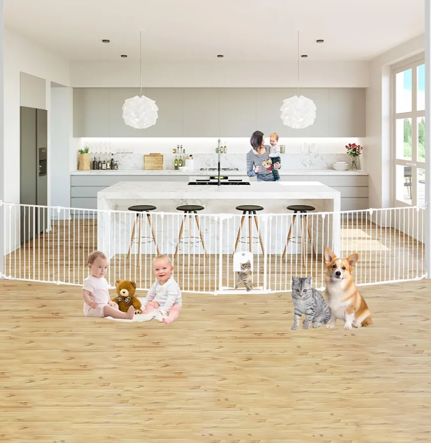 199.21" Extra Wide Baby Gate with Cat Door, Auto Close Pet Gates Dog Gate, Hardware Mounted Walk Through Swing Safety Baby Gates for Stairs, Doorways, Kitchen, House, 30" Tall, 8 Panels, White 