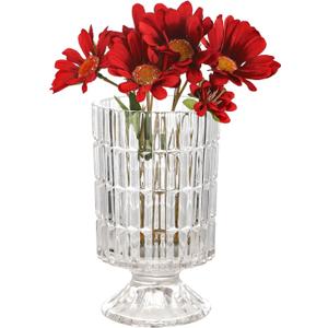 VanEnjoy Pedestal Base Glass Vase Wide Mouth vases for Flowers, Embossed Flower Vase Decorative for Home Office Wedding Holiday Party - 9 inches Stripe