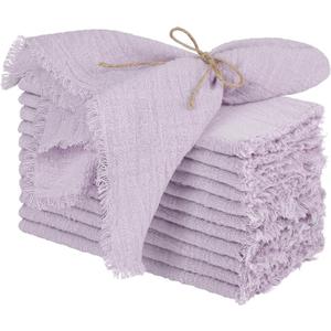 TURSTIN 12 Pieces Cotton Linen Cloth Napkin Handmade Cloth Napkin with Fringe 17 x 17 Inch Soft Dinner Wedding Napkins Square Rustic Fringe Table Napkins for Dinners, Parties, Lavender Purple