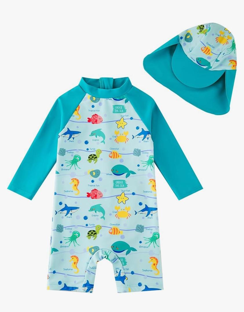 upandfast Baby/Toddler Swimsuit UPF 50+ Sun Protection One Piece Zipper Bathing Suit with Sun Hat Infant Beach Swimwear 18-24mm Marine Life