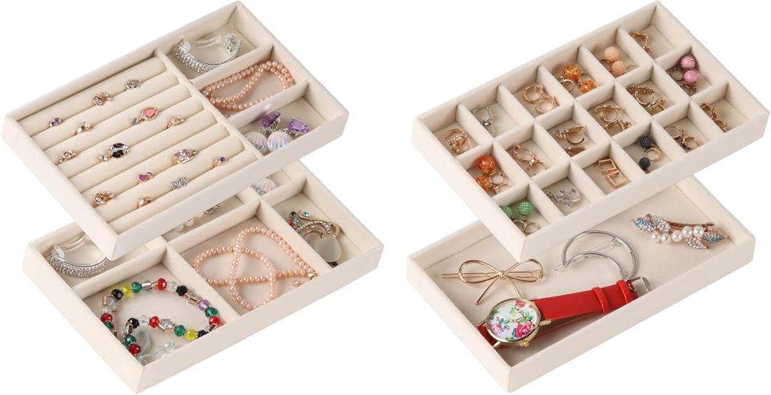Set of 4 Stackable Jewelry Organizer Trays for Drawers,Jewelry Drawer Inserts Container Display Case Storage for Earring Necklace Rings Bracelet Watch with Removable Dividers-Beige