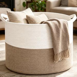 Large Woven Blanket Basket,65L Cotton Rope Laundry Basket
Collapsible Nursery Storage Bin with Sturdy Handles for Clothes, Toys, Pillows, Living Room Bedroom Bathroom - White & Brown