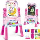 Art Easel for Kids - Adjustable Double-Sided Rotatable Magnetic White Board with Painting Accessories, Preschool Learning Toy for Girls 3-5 Years Old,Ideal Christmas Birthday Gift (Pink)