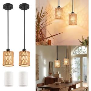 Pendant Light Boho Hanging Lamp - Rattan & Linen 2-in-1 Shade, Adjustable Hanging Lights Fixture for Kitchen Island, Dining Room, Farmhouse, Bedroom (2 Pack)