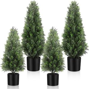 Riceshoot 4 Pcs 1.5ft 2ft Artificial Cedar Topiary Trees for Outdoor Artificial Plants Faux Pine Tree UV Resistant Potted Fake Plants Shrub Bushes for Porch Garden Office Front Door Indoor