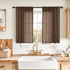 YoungsTex Small Linen Curtains 40 Inches Long - Short Semi Sheer Drapes with Rod Pocket Back Tab Rustic Natural for Bathroom Kitchen Windows Over Sink, 2 Panels, 34 X 40 Inch (Brown Coffee)