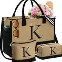 YOOLIFE Mothers Day Gifts - Initial Jute Tote Bag & 2 Makeup Bags Personalized Gifts for Women Teacher Mom Friend Birthday