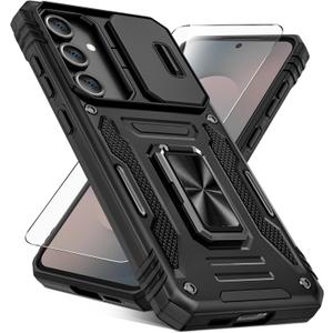 Caka for Samsung Galaxy S25 FE Case [HD Screen Protector] [Full Camera Lens Cover] [360Rotated Kickstand Ring] [Heavy Duty Protection] Hard Rugged Protective Phone Cover for S25 FE - Black