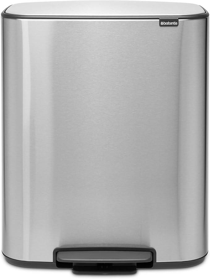 Brabantia Bo Step-On Kitchen Trash Can with Dual Compartments | Color: Matt Steel FPP| 2 x 8 Gal Inner Buckets | Soft-Close Garbage Can, Light Pedal, Stay-Open Lid | Fits Against Wall | + Trash Bags