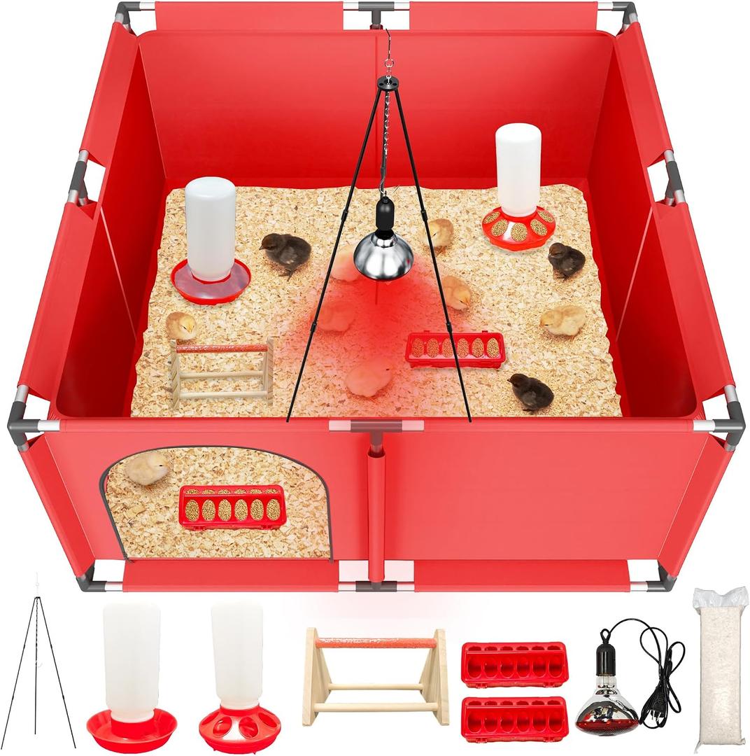 All-in-One Chicken Brooder Box for Chicks Starter Kit with Timer Heat Lamp & Stand, Perch, Sawdust, Feeder & Waterer, Large Sturdy Poultry Brooder for Up to 30 Baby Chicks, Ducks & Quail
