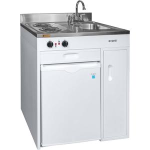 Avanti CK3016 Energy Star Certified Full Compact Kitchen, Built in Kitchenette Stainless Steel Counter, Two Element Cooking Range, Refrigerator & Storage, 30-Inch, White