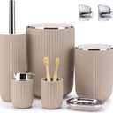 Boperzi Bathroom Accessory Set 8 PC: Bathroom Accessories Set with Trash Can, Lotion Dispenser, Soap Dish, Toothbrush Cup,Toilet Brush, Adhesive Hooks - Bathroom Decor Kit, Beige Bathroom Set Complete