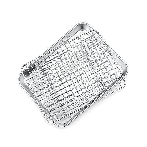 P&P CHEF 9 Inch Toaster Oven Pan with Rack Set, Stainless Steel Baking Pan Tray and Grid Cooling Rack for Cooking/Roasting, Dishwasher Safe & Easy to Clean, Non-toxic & Sturdy, (2Pcs)