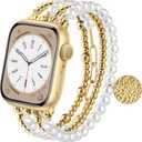 CAGOS Bracelet Beaded Compatible with Apple Watch Band, Cute Handmade Fashion Elastic Stretchy iWatch Bands for Women (Gold, 42mm/44mm/45mm/46mm(Series 10)-(5.3"-6.2"))