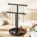 Jasopaco Necklace Rack Stand with Storage Tray - 2 Rods T-Shaped Jewelry Holder Stand for Bracelets, Earrings, Rings | Elegant Vanity & Dresser Top Storage for Women, Black.