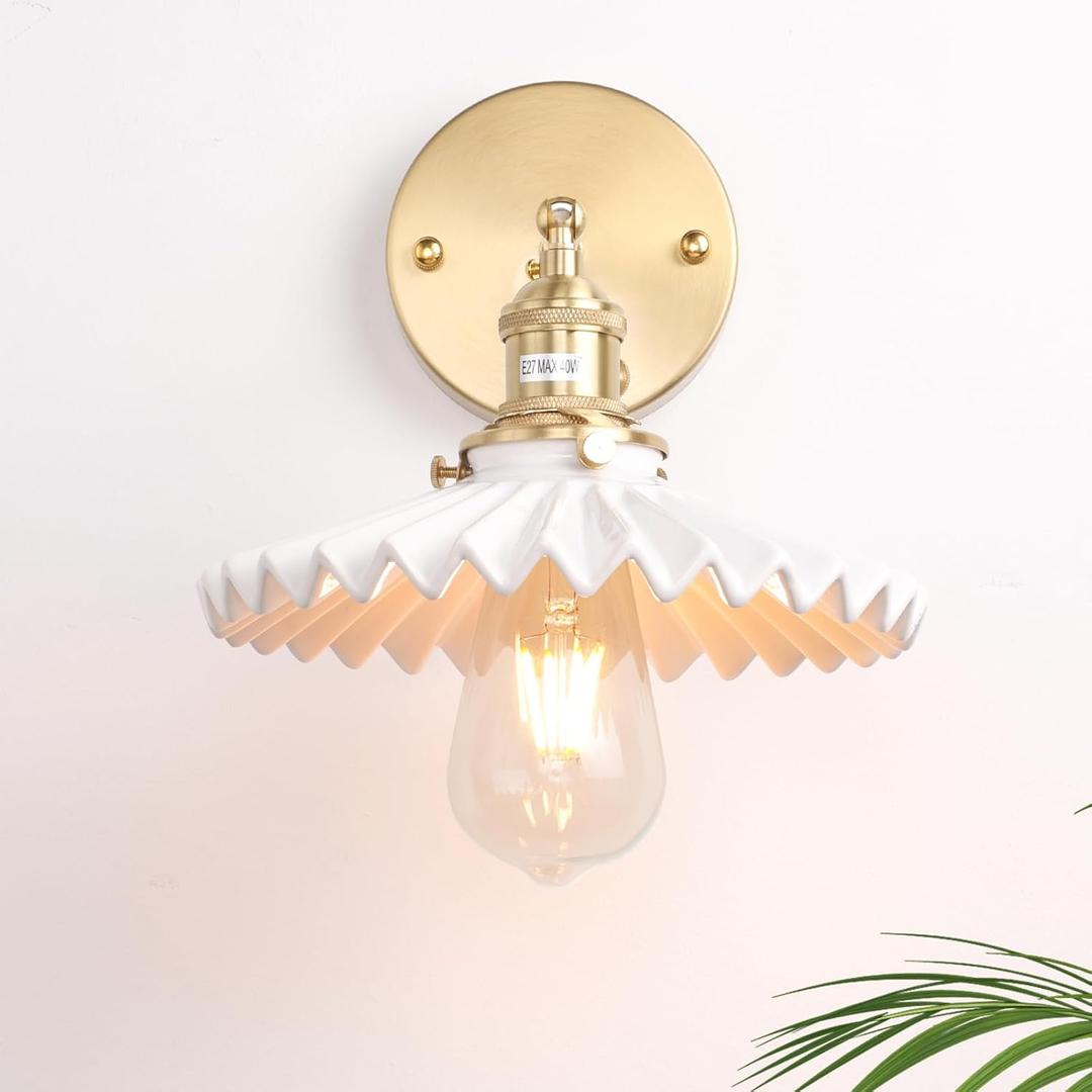 Vintage Wall Sconce with White Pleated Ceramic Lampshade 180 Degree Adjustable Brass Sconces Wall Lighting Fixture with Switch for Bedside Bedroom Doorway (Short)