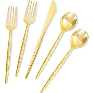 LIYH 360 Pcs Gold Plastic Silverware - Heavy Duty, Plastic Gold Silverware Cutlery Set Disposable, Hammered Utensils Include 120 Forks,120 Spoons & Knives for Birthday Party, Weddings