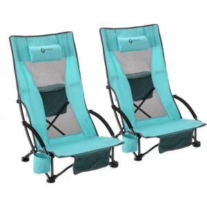 ARROWHEAD OUTDOOR 2-Pack Low Seating + 20 Reclining Folding Beach Chair w/Padded Headrest, Foam Armrest, Cup Holder, Carry Bag, 300 LBS Weight Capacity (Blue)