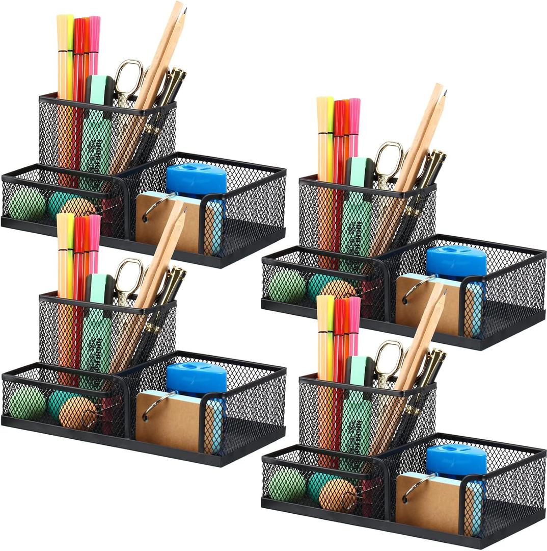 4 Pcs Mesh Desk Organizer 3 Compartments Mesh Pen Holder Sticky Notes Pencil Holder Black Metal Caddy Desk Pen Organizer for Desktop Accessories Storage Baskets Home Office and School Supplies