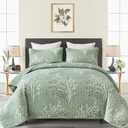 Sage Green Quilt Set King Size - Branch Botanical Pattern Bedspread Coverlet Set, 3 Piece Green Floral Quilt Bedding Set for All Season, 104''x90''