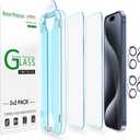 amFilm Easiest Installation OneTouch for iPhone 15 Pro Max Screen Protector [6.7 Inch] Tempered Glass + Camera Lens Protector, Auto-Alignment Tech, Bubble Free, Case Friendly, Anti-Scratch [2+2 Pack]