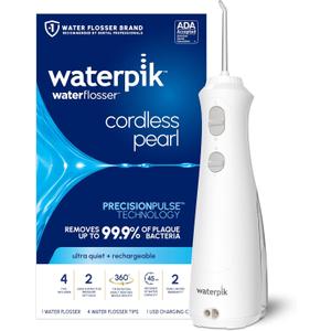 Waterpik Cordless Pearl Rechargeable Portable Water Flosser for Teeth, Gums, Braces Care and Travel, Extra Quiet, 4 Flossing Tips - ADA Accepted, WF-13 White