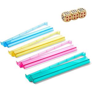 Mahjong Racks with Pushers, Clear Acrylic American Majiang Tile Racks, Enhanced Mah Jongg Tile Holders Set of 4 with 3 Goldern Dics (Colors), 18.5 x 3.1 x 1.18 inches