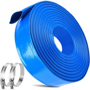 2 IN x 60FT Pool Backwash Hose Heavy Duty Drain Discharge Double PVC Layflat Hose with 2 Clamps, Weatherproof Burst Resistant for Water Transfer, Sump Pump, Pool Filter, Pool Drain (18.3M, Blue)
