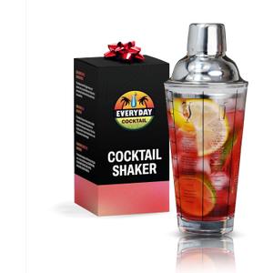 EVERYDAY COCKTAIL - Professional Glass Cocktail Shaker 14 oz, Martini Shaker with Recipes and Measurements, Built-in Strainer and Leakproof Seal, Clear Bar Tool for Margaritas, Martinis