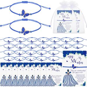 Wenqik 50 Sets Quinceanera Party Favors for Guests Butterfly Wish Bracelet with Thank You Cards Organza Gift Bags Quinceanera Gift for Sweet 15 Year Birthday Supply Recuerdos De Quinceañera (Blue)