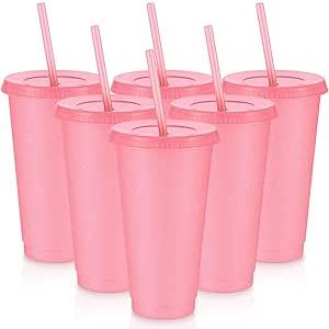 4 Pcs Reusable Tumbler with Lids, Plastic Iced Coffee Tumbler Glitter Travel Mug Cup for Smoothie Juices Birthday Party Cold Drink Coffee Cup. Different colors Pink