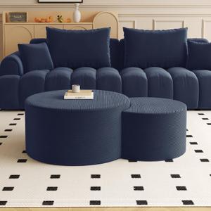 BSHOMGI Nesting Coffee Table Set of 2,Corduroy Ottoman Soft Foot Rest Movable LargePouf Footstool for Living Room Sofa Couch Bedroom Entryway and Small Spaces No Assembly (Blue, 32"+17")