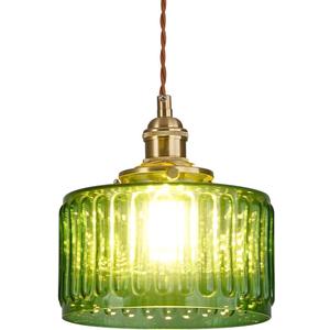 Single Glass Pendant Light Green Striped Glass Shade Brushed Brass Gold Pendant Lights Fixture Farmhouse 1-Light Vintage Industrial Ceiling Hanging Light for Dining Room Kitchen Island