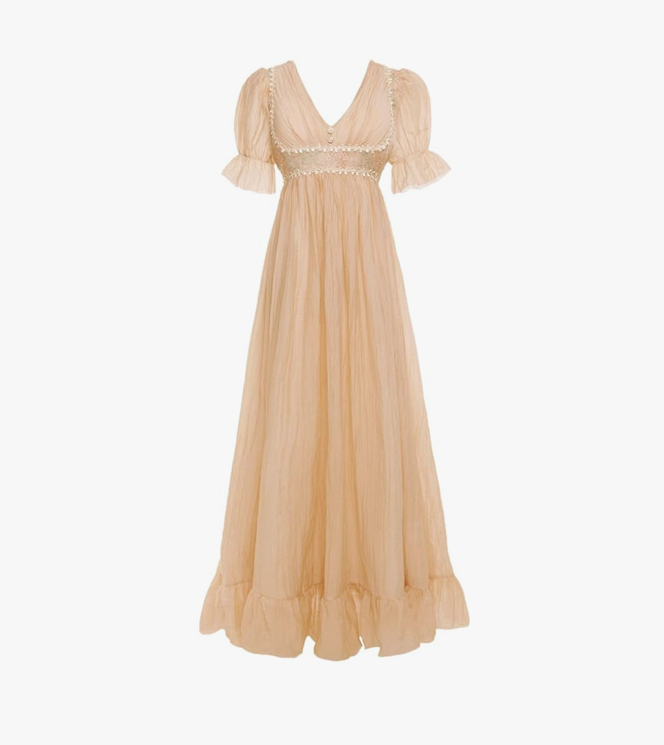 Regency Dresses for Women Embroidery Ruffle Empire Waist Victorian Dress, Size M