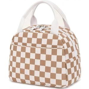 Corduroy Insulated Lunch Tote with Front Pocket for Women & Men Leakproof Reusable Meal & Food Bag, Large Capacity for Office, Picnic & Travel Checkered Brown