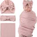 OMUKY Newborn Receiving Blanket Bow Headband and Beanie Set Baby Swaddle Receiving Blankets Baby Boy Girls Nursery Swaddle Wrap(Pink)