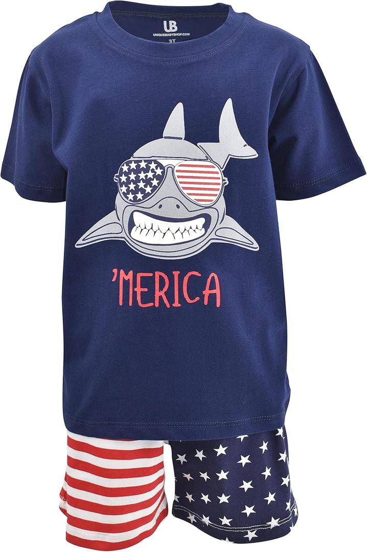 Boys 2pc Shorts Set Outfit Short Sleeve Shirt with Graphic Applique Print and Shorts (3T, Shark)
