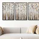 Large Framed Tree Wall Art - Abstract Forest Wall Decor 24"x36" Set of 3 Aesthetic Autumn Birch Painting Prints Modern Brown Plant Canvas Pictures for Living Room Bedroom Office Artwork