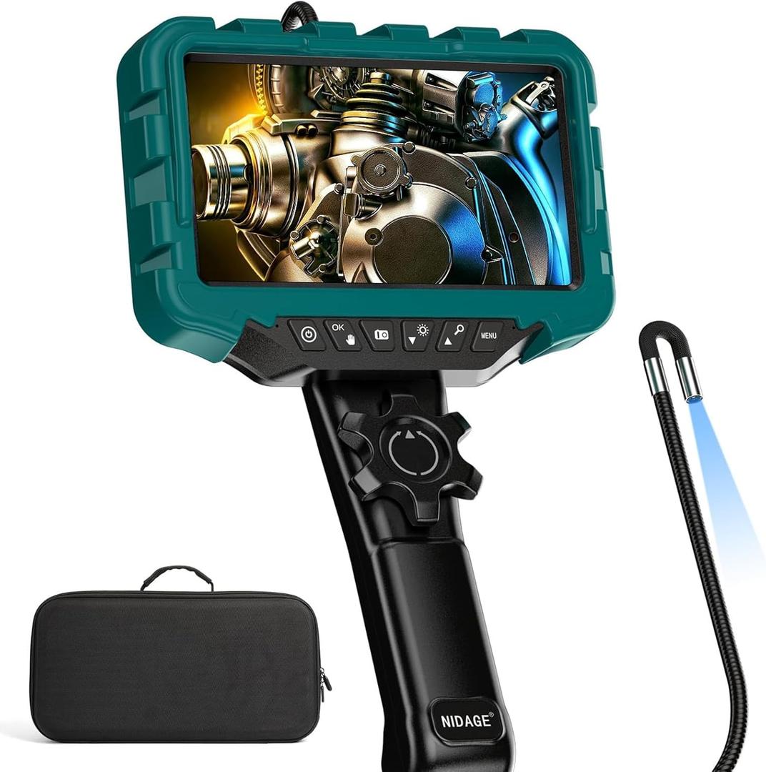 7'' IPS Articulating Borescope NIDAGE 0.24in Endoscope Camera with Light 2-Way Inspection Camera with Articulated Snake Head, Flexible Automotive Mechanics Fiber Optic Scope Cam 5.3FT